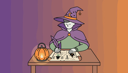 Wizardwitch drawing a mystical map with a quill illuminated by a pumpkin lantern Fantasy Halloween