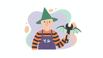 Creative character in witch hat and overalls holding a unique winged wrench Halloween repair concept
