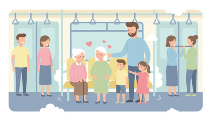 Kindness and community on public transport diverse passengers family and seniors travel