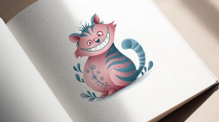 Cute cartoon illustration of a cheshire cat with a wide grin, sitting on a book page
