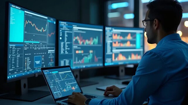 Maritime shipping supervisor coordinating cargo rerouting under USA trade sanctions regulations with container tracking systems on screens in  Photo Stock  Concept  and empty space on the left side