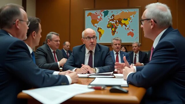 Government officials debating political trade issue in formal committee room with legislative documents and global map visual materials in  Photo Stock  Concept  and empty space on the left side