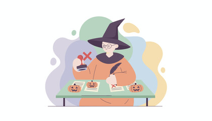 Magician in a pointed hat with quill and X stamp managing Halloween documents