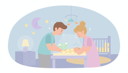 Loving parents change babys diaper in a nighttime nursery depicting care and family life