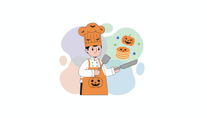 Cheerful chef prepares spooky Halloween pancakes with festive pumpkin and bat motifs