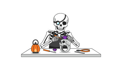 Skeleton jeweler setting a purple gem into a skull ring Spooky craftsmanship Halloween design