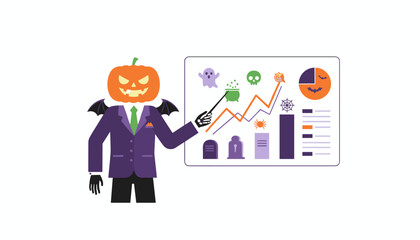 Pumpkinheaded executive presents Halloween business growth and financial data