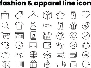 Summer apparel icon pack — swimsuits, flip-flops, beach hats, sunglasses, surfboards — clean black outline design ideal for seasonal visuals.
