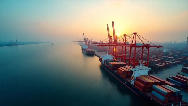 Aerial view of expansive container port in Asia at dawn showing gantry cranes unloading colorful freight containers from massive cargo ships under clear sky in  Photo Stock  Concept  and empty space o