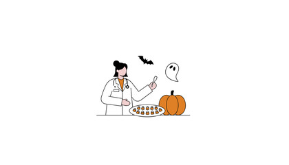Doctor with Halloween candy corn pumpkin ghost and bat balancing health and holiday treats