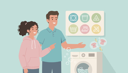 Father teaches daughter how to do laundry explaining care symbols and household chores Family life