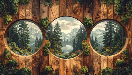 Triptych of circular windows set in a rustic wooden wall with green moss, offering a scenic view of a pine forest and mountain valley landscape