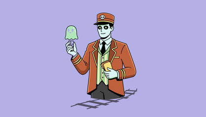 Spooky conductor with ghost passenger and tickets on phantom tracks Ideal for Halloween travel