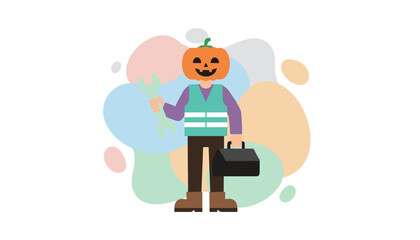 Halloweenthemed worker with a pumpkin head holding a wrench and toolbox ready for service