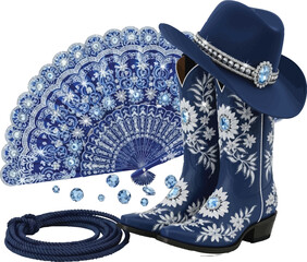 "Jeweled Navy Blue Cowgirl Boots and Hat PNG - Rhinestone Western Rodeo Queen Graphic"