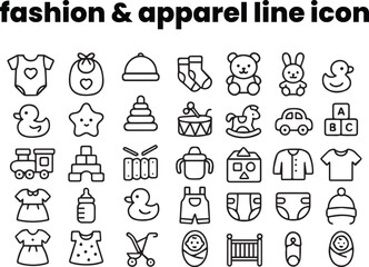 Cute black outline icons of baby clothes, bibs, caps, rompers, and toys — family-friendly linear design for kidswear concepts.


