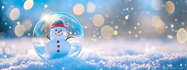 A glass globe with a snowman inside sits on a snowy floor against a light background with golden bokeh