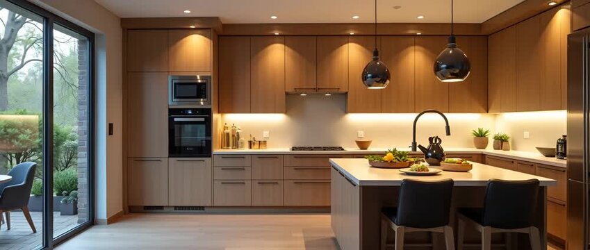 Elegant kitchen with recessed lighting featuring elegant cabinets and built in lighting LED lights under cabinets creating cozy atmosphere concept as An elegant kitchen featuring recessed lighting ele