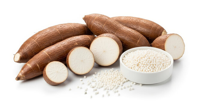 Fresh cassava roots with tapioca pearls.