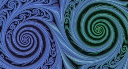 Intricate fractal design featuring swirling spirals in shades of blue and green, creating a visually captivating and symmetrical abstract pattern