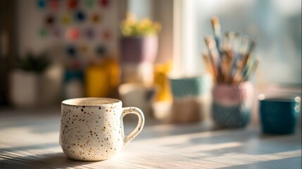 Speckled ceramic mug rests on a sunlit table near art supplies.