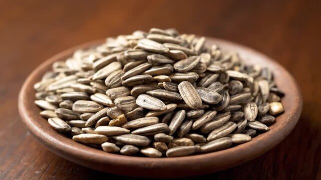 A rustic wooden bowl filled with healthy raw sunflower seeds.