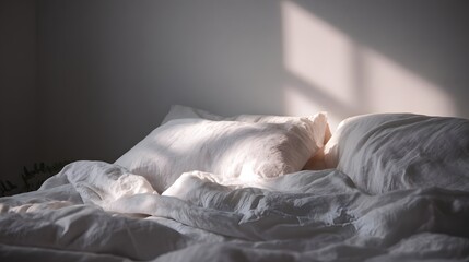 Morning sunlight streams across a rumpled white linen bed.