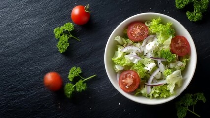 Fresh, vibrant salad in a white bowl, featuring mixed greens, cherry tomatoes, red onion, and feta cheese, presented on a dark slate surface.