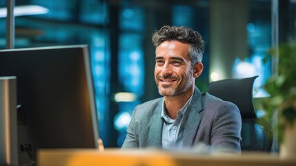 In a sleek office space a man sits in front of a computer with a warm smile indicating satisfaction as he engages with his work. The environment is illuminated by soft lighting.