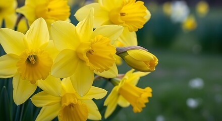 Closeup of vibrant yellow daffodil flowers blooming in a spring garden