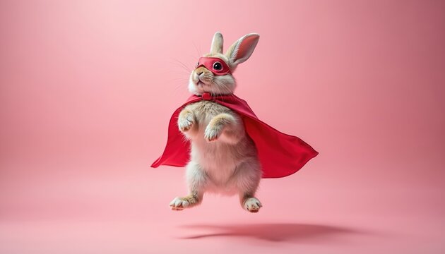 Cute rabbit in superhero costume jumps on pink backdrop. Funny bunny wears red mask and cloak. Pet dressed as hero levitates in studio. Concept of comic animal leader