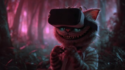 A cheshire cat character wearing vr headset in a dark forest with pink lighting