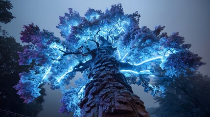 An enchanted tree with azure luminescent foliage, deep shadows adding an otherworldly, mystical atmosphere enhanced by blue neon light.