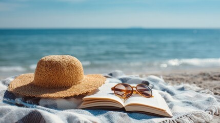 A sunny beach setting features a straw hat sunglasses and an open book resting on a cozy blanket. Soft waves lap at the shore creating a serene atmosphere for relaxation.
