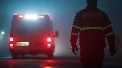 Emergency response: A responder approaches an ambulance in dense fog, taillights glowing, with yellow stripes of visibility gear at work on a blurred scene.