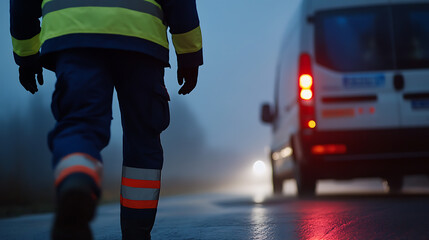 Emergency responder walks towards a vehicle on a foggy road, wearing reflective gear for safety and visibility. Urgent scene at dusk or dawn.