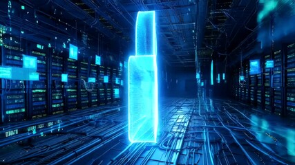 Digital lock symbolizing cybersecurity in a futuristic server room - Powered by Adobe