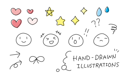 手描きのイラスト,かわいい落書き,顔とハートと星とキラキラのあしらいセット（背景透過・PNG形式・塗りあり・Background Transparency） / Hand-drawn Heart and Star Doodle Set