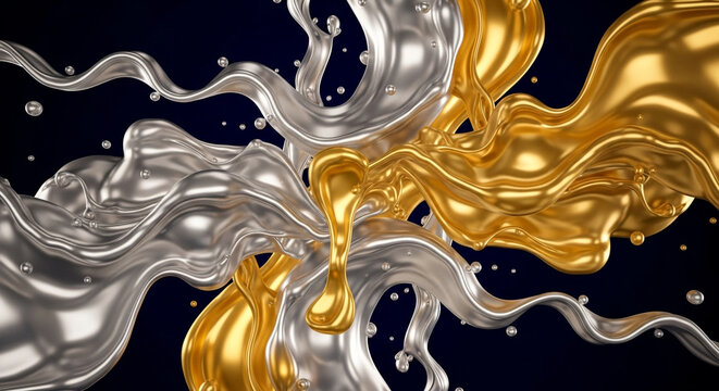 A captivating 3d rendering showcases the dynamic interplay of liquid gold and silver, swirling and merging in a mesmerizing dance of opulence and elegance - Powered by Adobe