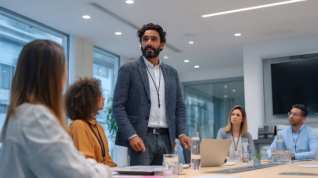 An Indian businessman leads a professional development session for his team in an office meeting. The group listens attentively, reflecting the value of leadership and teamwork in business growth.