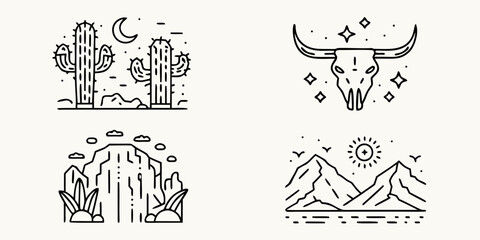 Collection of minimalist line art illustrations depicting desert landscapes and iconic western symbols
