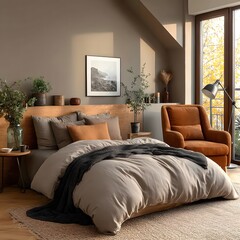 Bedroom interior with bed orange armchair plants and natural light