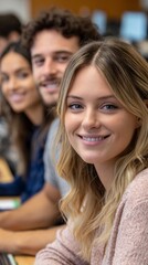 Obraz premium Group of young people smiling and working together in a modern classroom setting during a collaborative study session