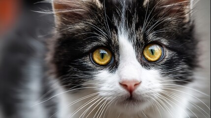 A close up of a black and white kitten with big yellow eyes looking directly at the camera