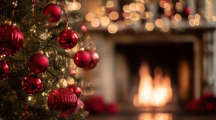 Christmas tree adorned with red ornaments stands in front of burning fireplace, set against blurred background, serving as a warm template for Christmas card design and holiday-themed creations.