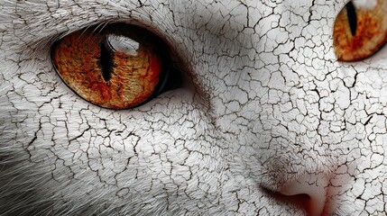 A close up of a white cat with cracked skin and orange eyes, creating a unique and artistic effect