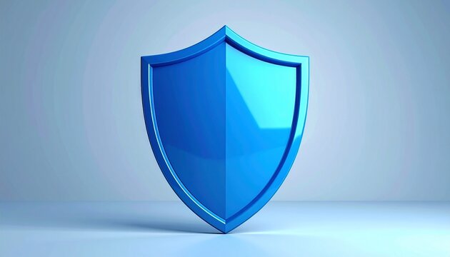Glossy blue shield with metallic border—standing upright on gradient light blue background, symbolizing protection and security.