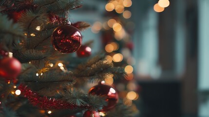 Christmas tree adorned with red ornaments stands in front of burning fireplace, set against blurred background, serving as a warm template for Christmas card design and holiday-themed creations.