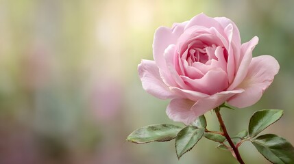 Delicate pink rose bloom with soft sunlight and blurred background.
