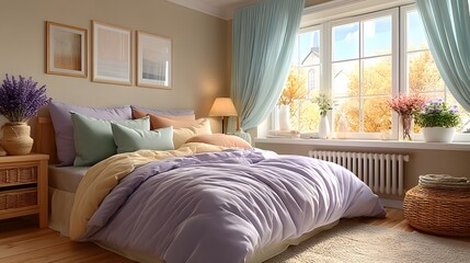 Cozy bedroom interior with a bed window curtains and decorative elements